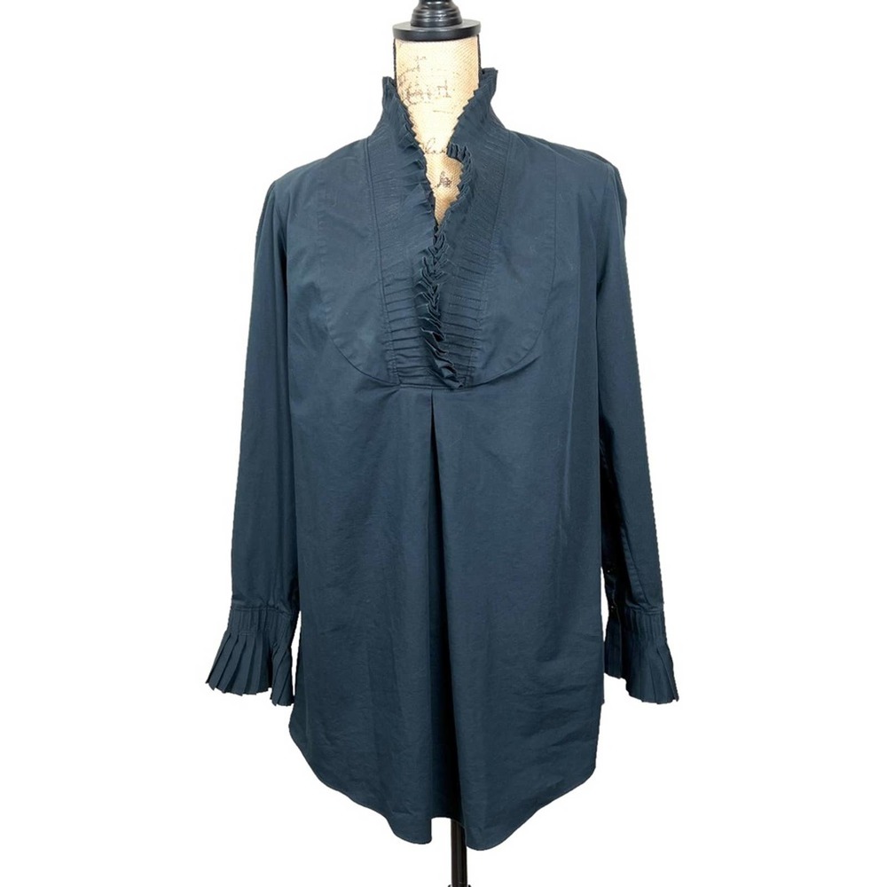 Soft Surroundings Victoria Shirt Tuxedo Ruffle Trim Tunic Blouse Women's M